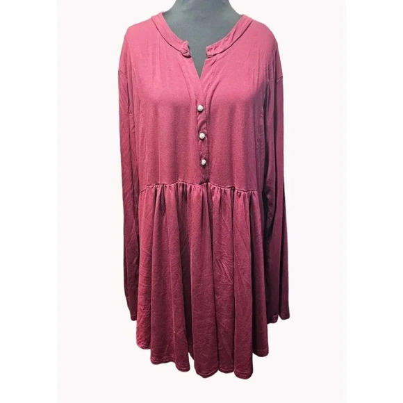 Allegrace Women's 3X Babydoll Style Tunic Long Sleeve Deep Red 30" Long - Picture 2 of 6